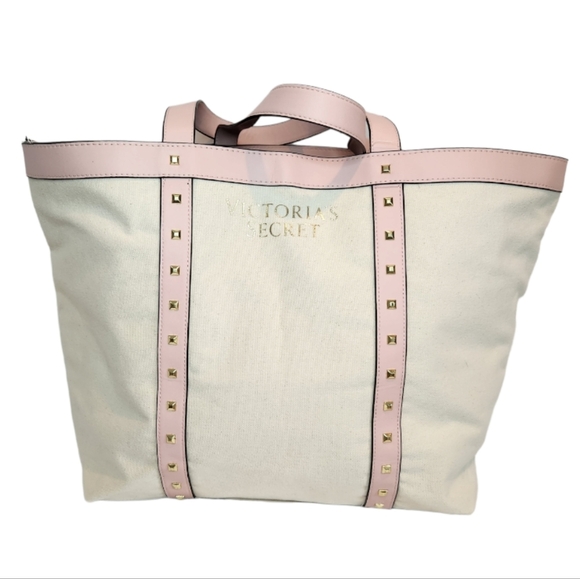VICTORIA'S SECRET NWT CANVAS TOTE  pink trim and handles with gold tone … - Picture 8 of 8